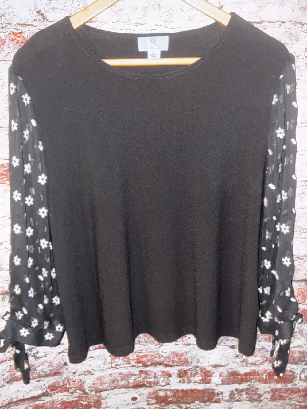 CeCe Black Knit Top with Floral Sheer Long Sleeves